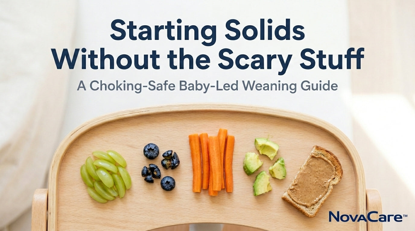 Starting solids cover — overhead view of baby first foods on a wooden high chair tray