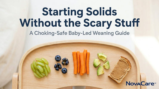 Starting solids cover — overhead view of baby first foods on a wooden high chair tray