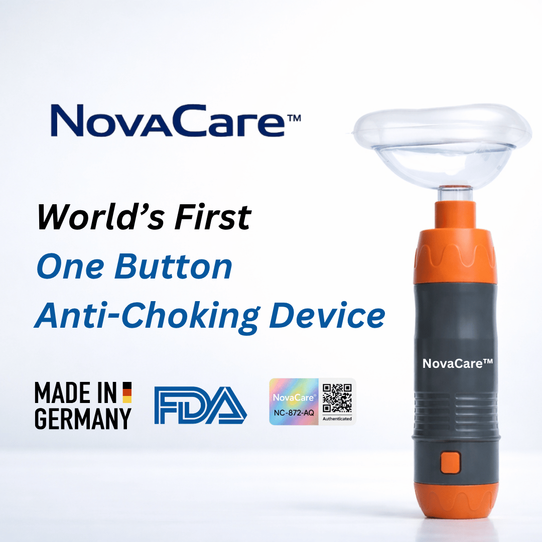Novacare anti-choking device with branding and certification logos on a white background