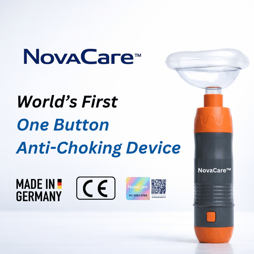 Novacare anti-choking device with branding and certification logos on a white background