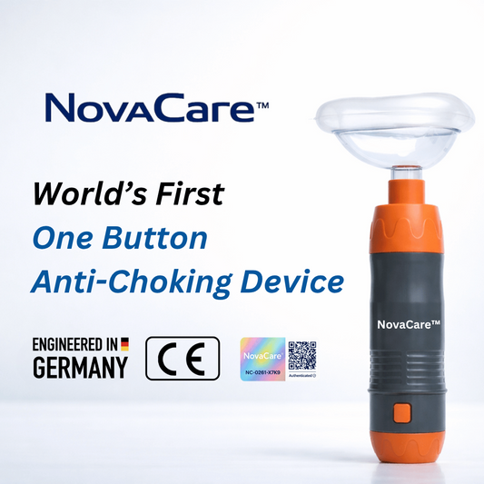 NovaCare anti-choking device with a clear face mask attached, shown on a white background with promotional text reading 'World's First One Button Anti-Choking Device' and 'Engineered in Germany'.